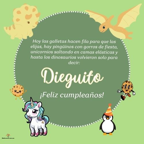 Imagen de feliz cumpleaños para Dieguito: «Hoy las galletas hacen fila para que las elijas, hay pingüinos con gor…»