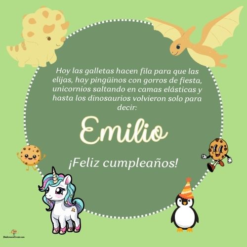 Imagen de feliz cumpleaños para Emilio: «Hoy las galletas hacen fila para que las elijas, hay pingüinos con gor…»