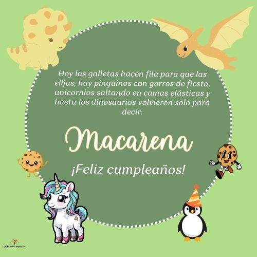 Imagen de feliz cumpleaños para Macarena: «Hoy las galletas hacen fila para que las elijas, hay pingüinos con gor…»