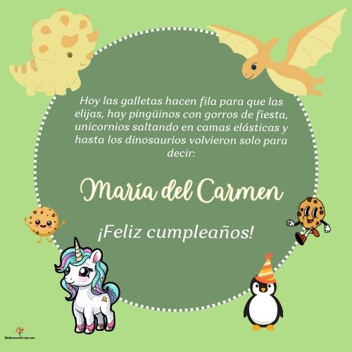 Imagen de feliz cumpleaños para María del Carmen: «Hoy las galletas hacen fila para que las elijas, hay pingüinos con gor…»